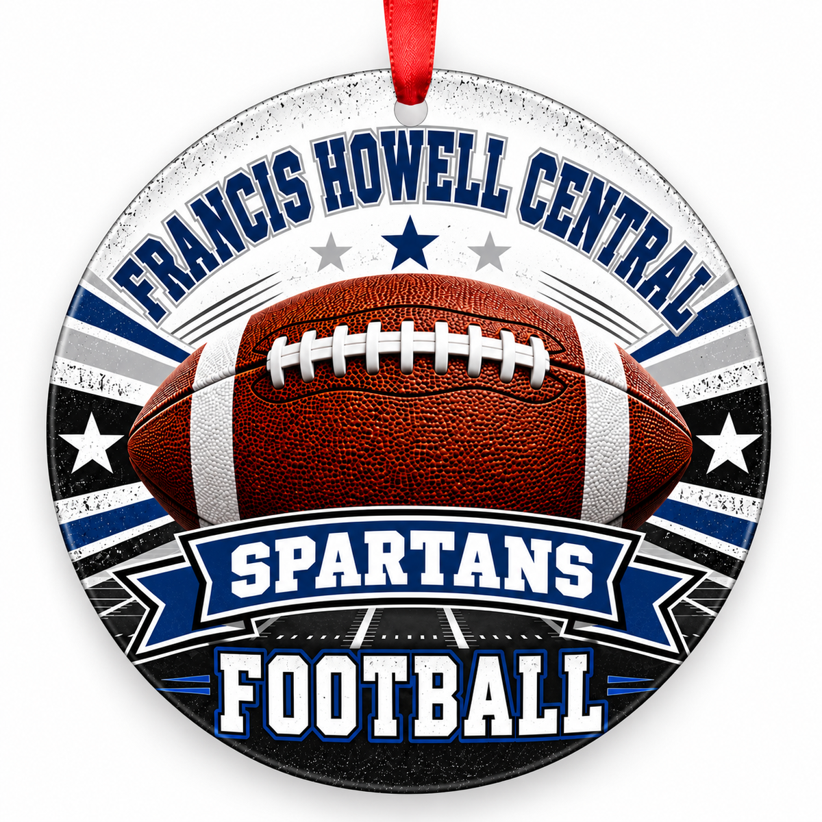Francis Howell Central High School Spartans Classic Football Christmas ornament in navy blue and silver with red ribbon