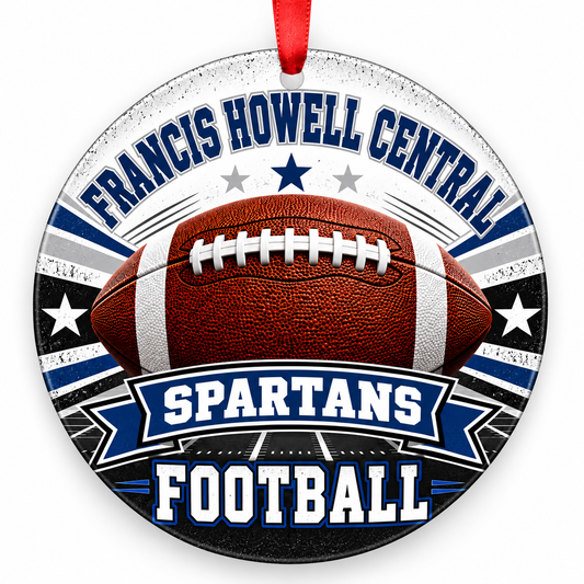 Francis Howell Central High School Spartans Classic Football Christmas ornament in navy blue and silver with red ribbon