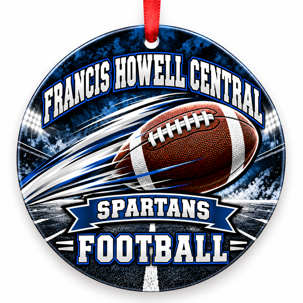 Francis Howell Central High School Spartans Football Christmas ornament — Football in Motion — navy blue and silver with red ribbon