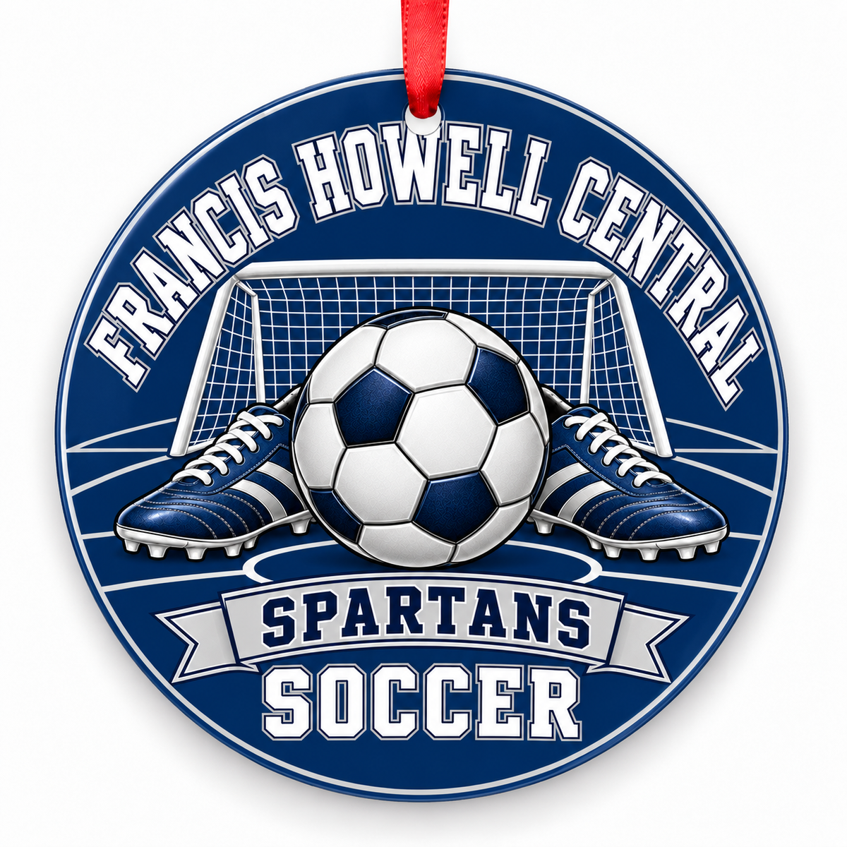 Francis Howell Central High School Spartans Soccer Christmas ornament — Original Design — navy blue and silver with red ribbon