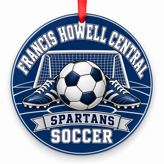 Francis Howell Central High School Spartans Soccer Christmas ornament — Original Design — navy blue and silver with red ribbon