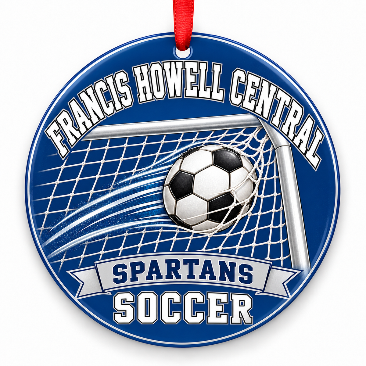 Francis Howell Central High School Spartans Soccer Christmas ornament — Ball and Goal — navy blue and silver with red ribbon