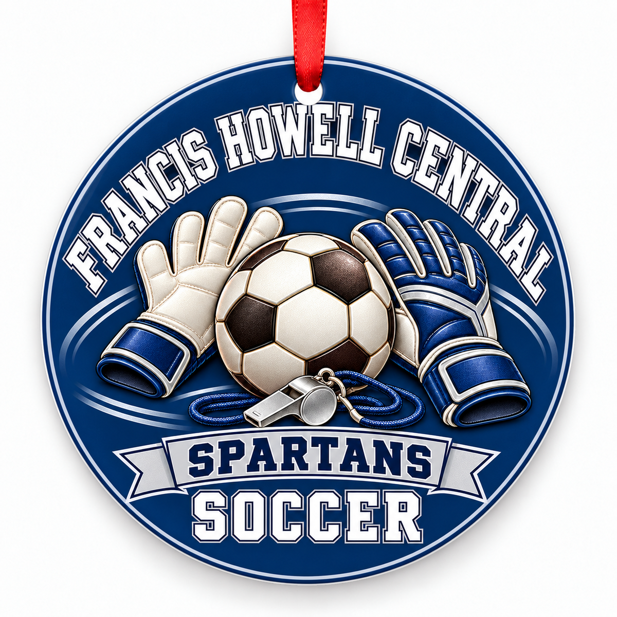 Francis Howell Central High School Spartans Soccer Christmas ornament — Goalkeeper Gear — navy blue and silver with red ribbon