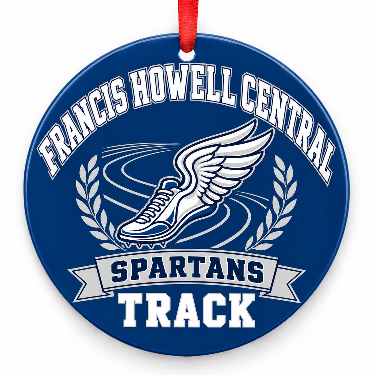 Francis Howell Central High School Spartans Track Christmas ornament — Original Design — navy blue and silver with red ribbon