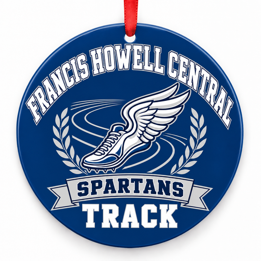 Francis Howell Central High School Spartans Track Christmas ornament — Original Design — navy blue and silver with red ribbon