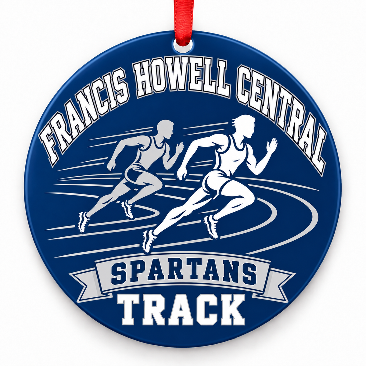 Francis Howell Central High School Spartans Track Christmas ornament — Runners — navy blue and silver with red ribbon