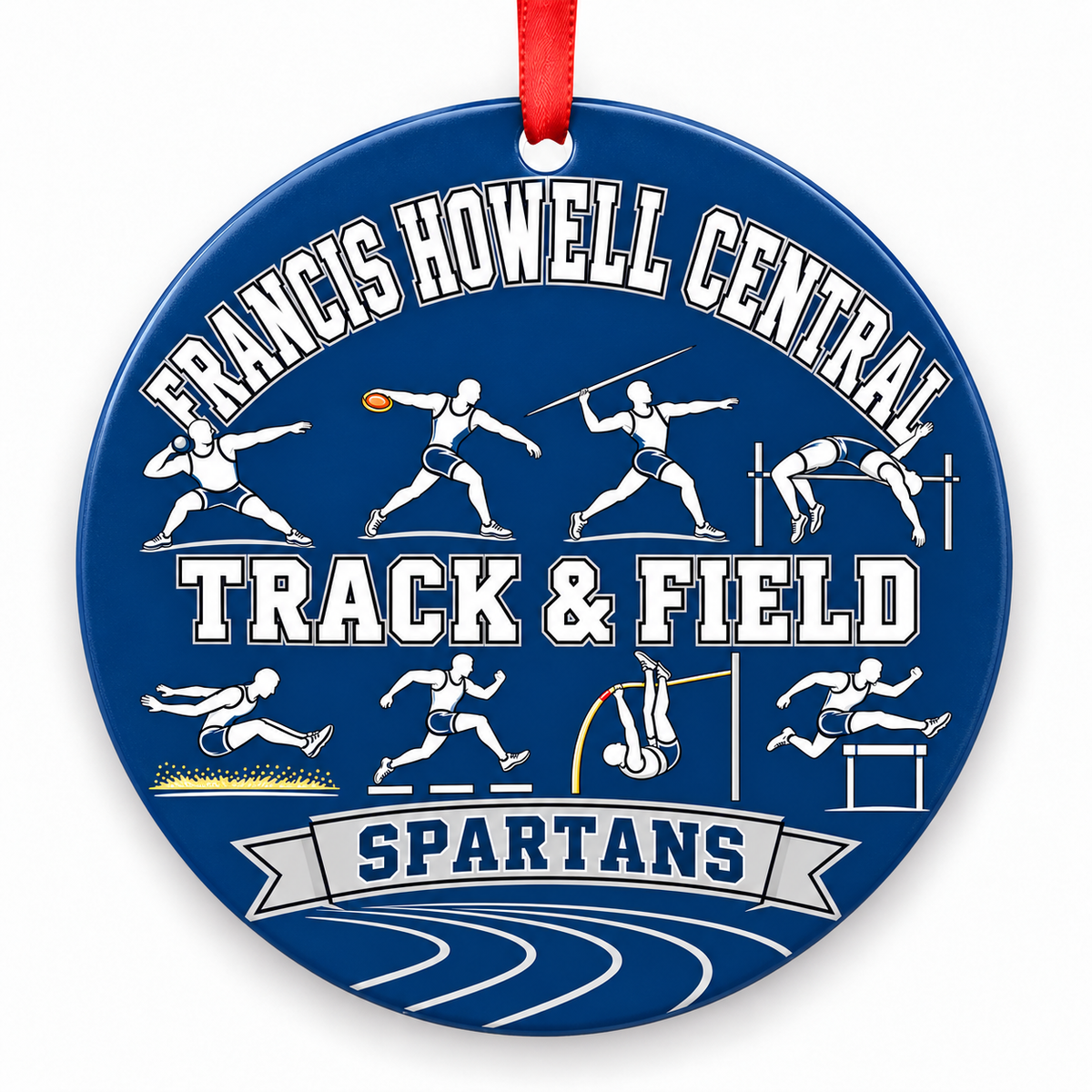 Francis Howell Central High School Spartans Track Christmas ornament — Track and Field — navy blue and silver with red ribbon