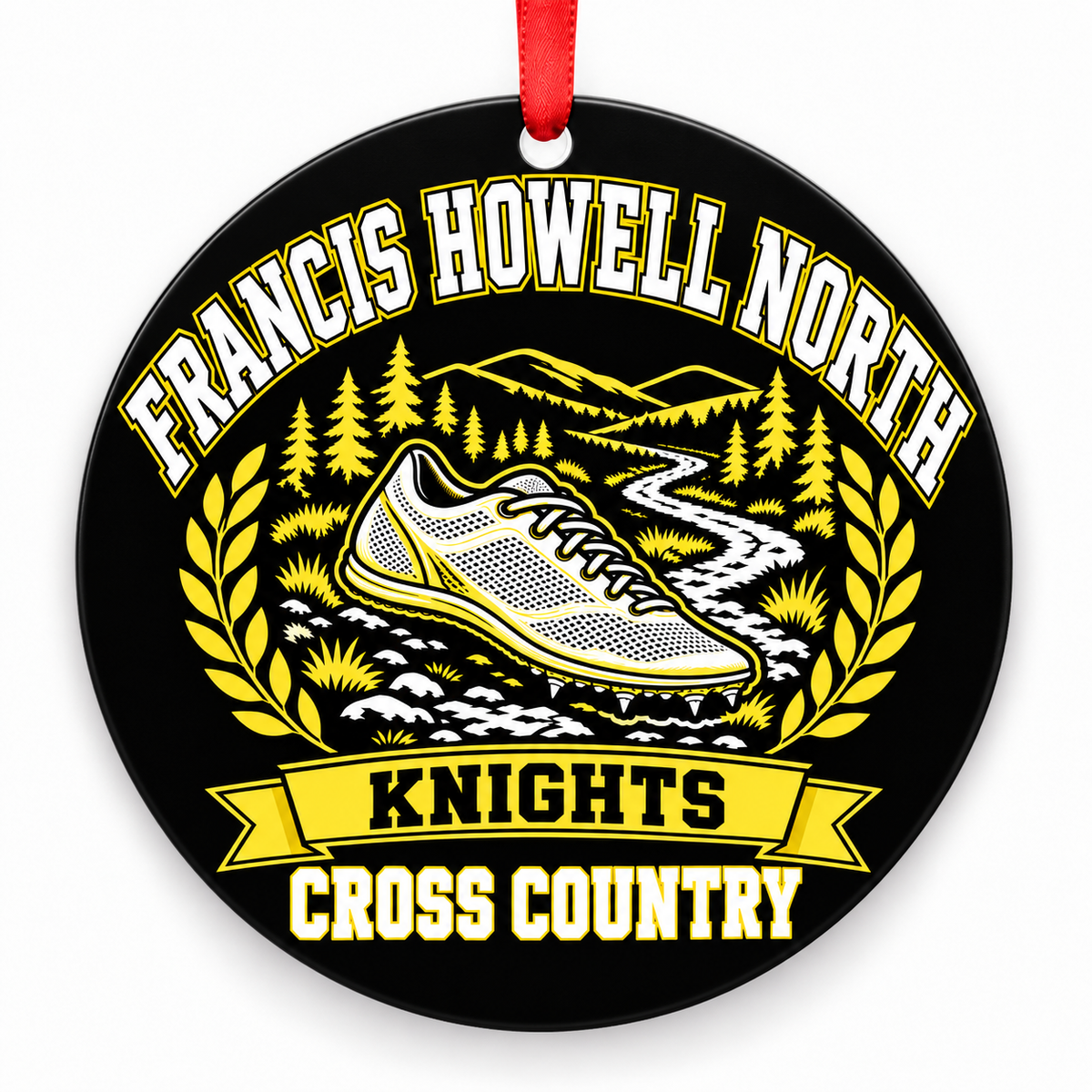 Francis Howell North High School Knights Cross Country Christmas ornament — Design 1 — black and varsity gold with red ribbon