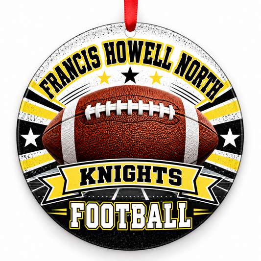 Francis Howell North High School Knights Classic Football Christmas ornament in black and varsity gold with red ribbon