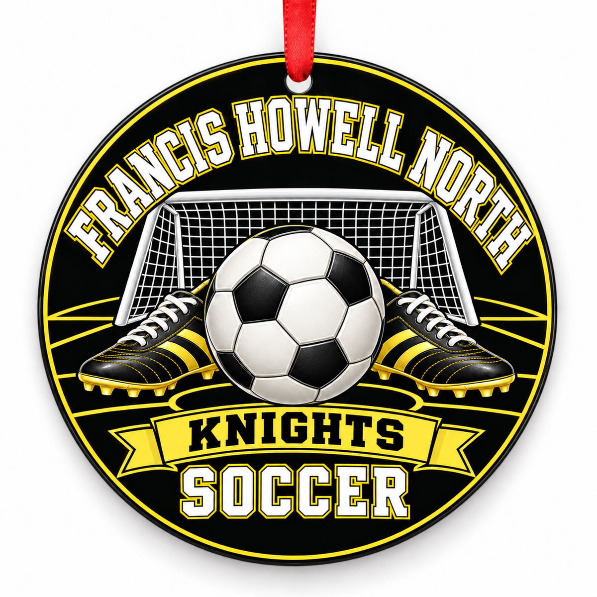 Francis Howell North High School Knights Soccer Christmas ornament — Original Design — black and varsity gold with red ribbon