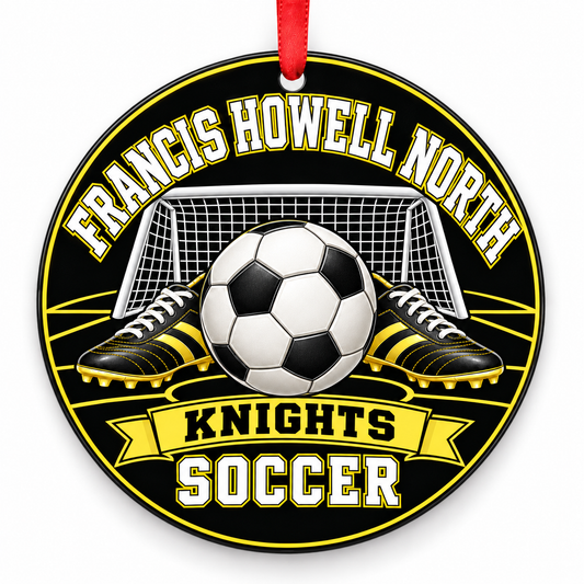 Francis Howell North High School Knights Soccer Christmas ornament — Original Design — black and varsity gold with red ribbon