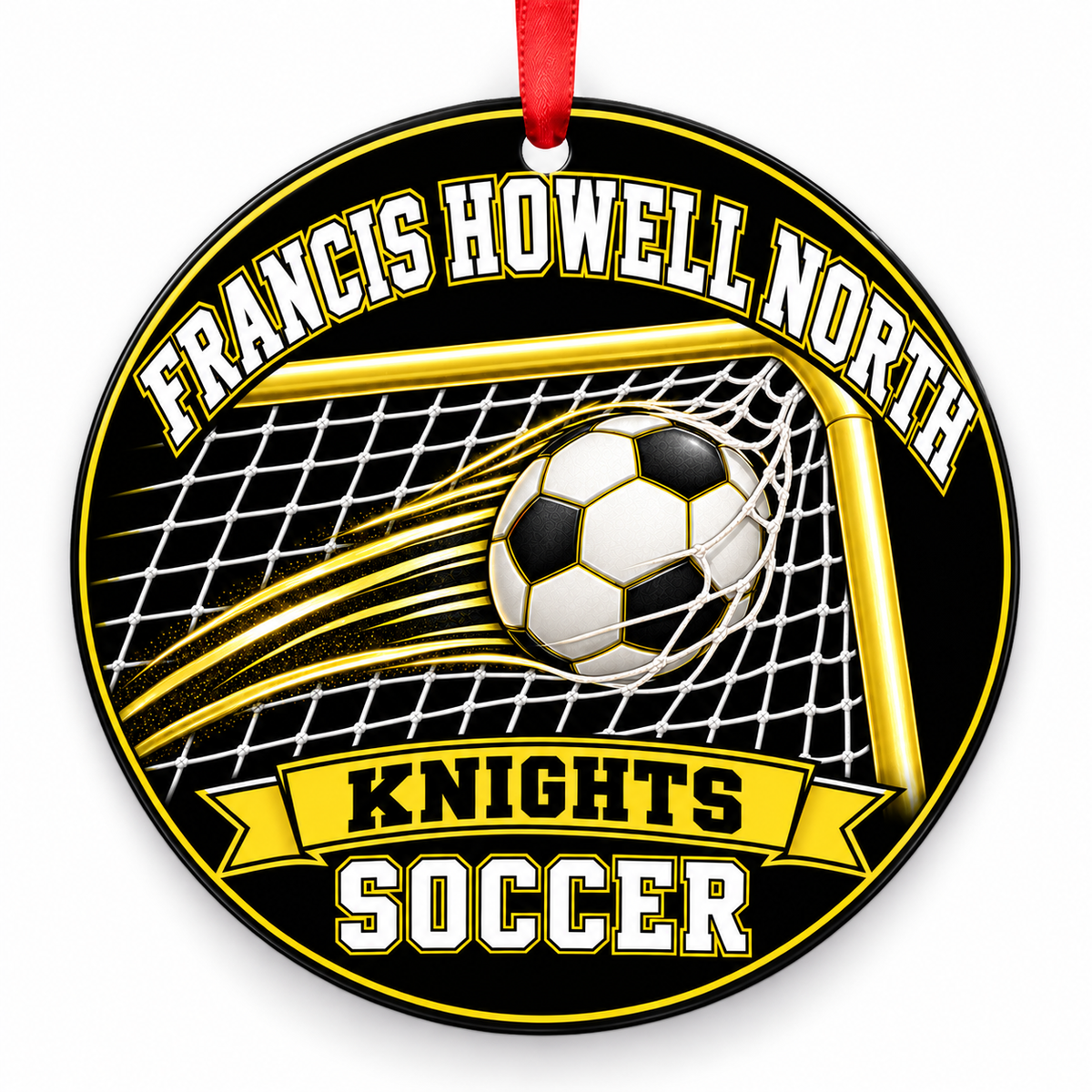 Francis Howell North High School Knights Soccer Christmas ornament — Ball and Goal — black and varsity gold with red ribbon