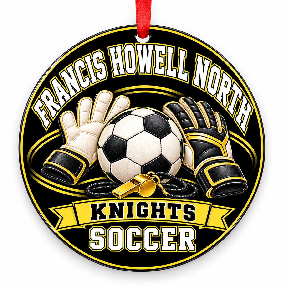 Francis Howell North High School Knights Soccer Christmas ornament — Goalkeeper Gear — black and varsity gold with red ribbon
