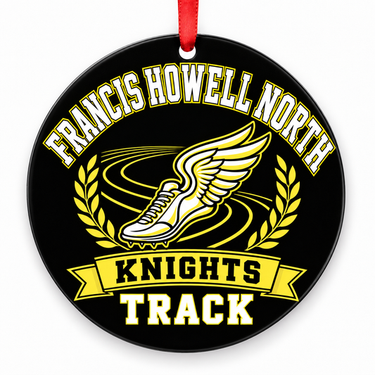 Francis Howell North High School Knights Track Christmas ornament — Original Design — black and varsity gold with red ribbon