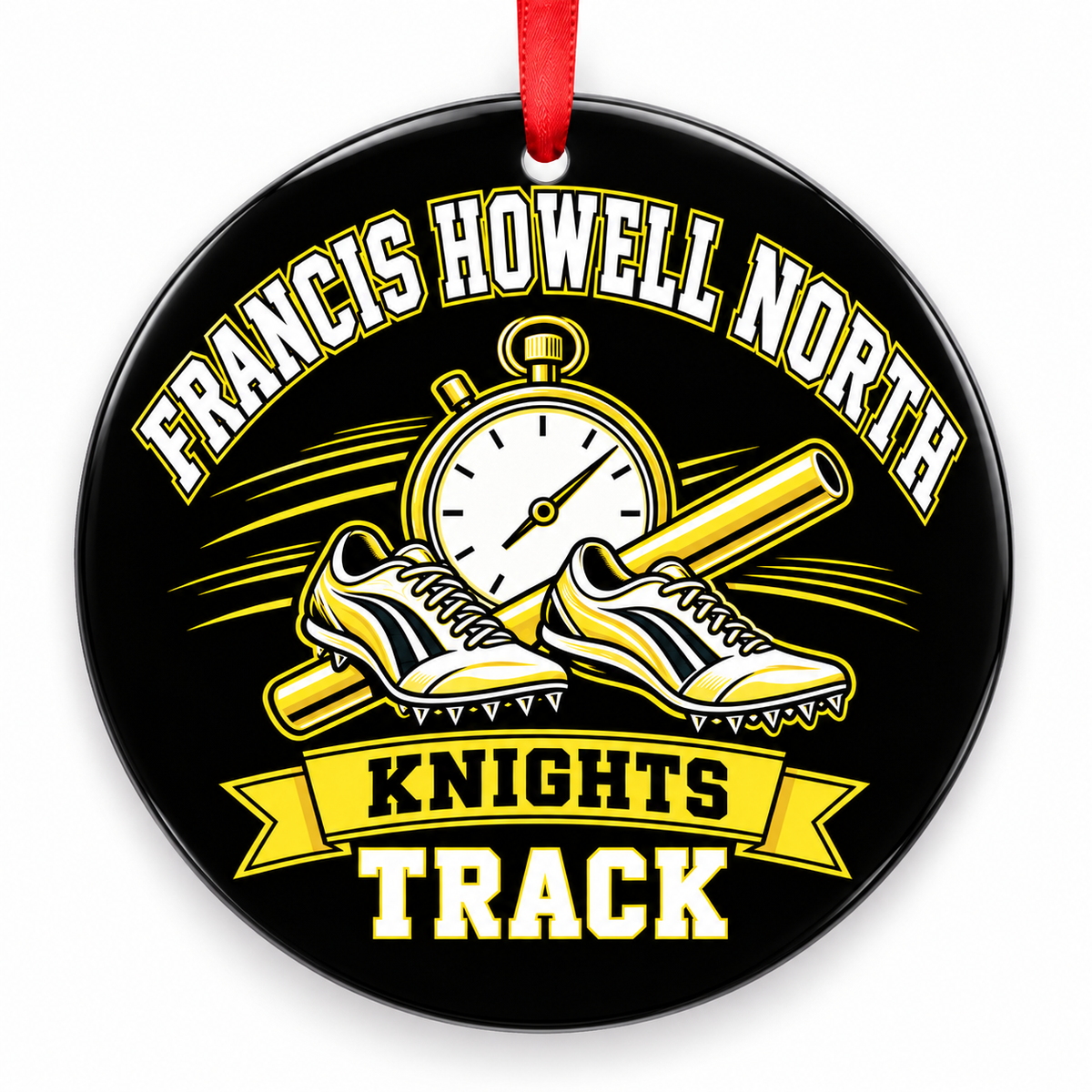Francis Howell North High School Knights Track Christmas ornament — Stopwatch and Spikes — black and varsity gold with red ribbon