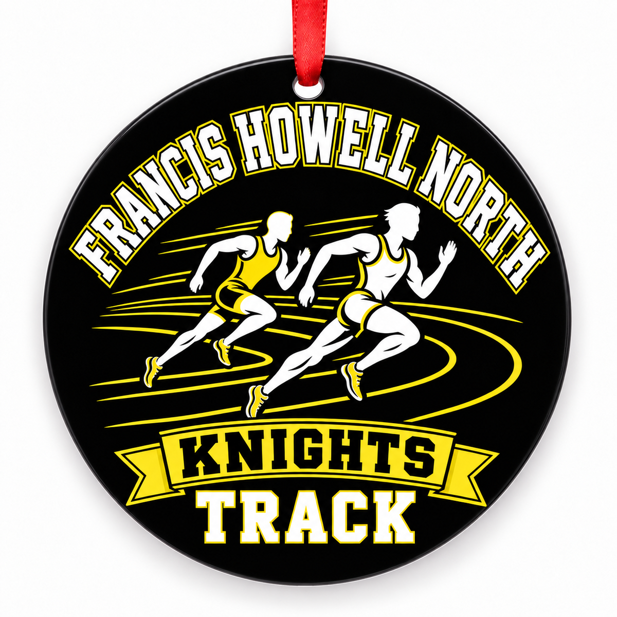 Francis Howell North High School Knights Track Christmas ornament — Runners — black and varsity gold with red ribbon