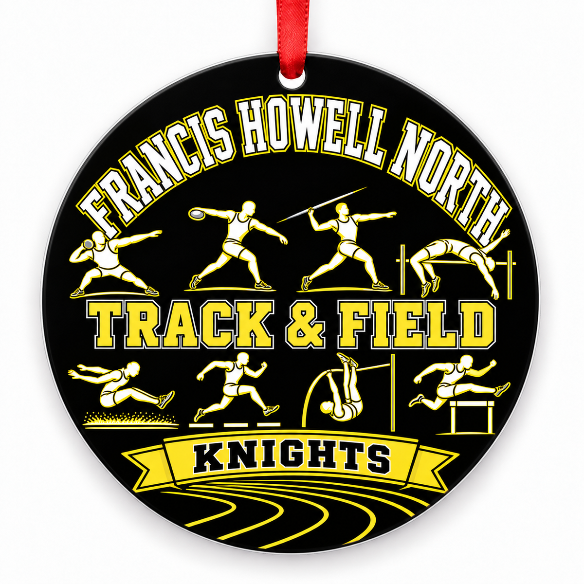 Francis Howell North High School Knights Track Christmas ornament — Track and Field — black and varsity gold with red ribbon