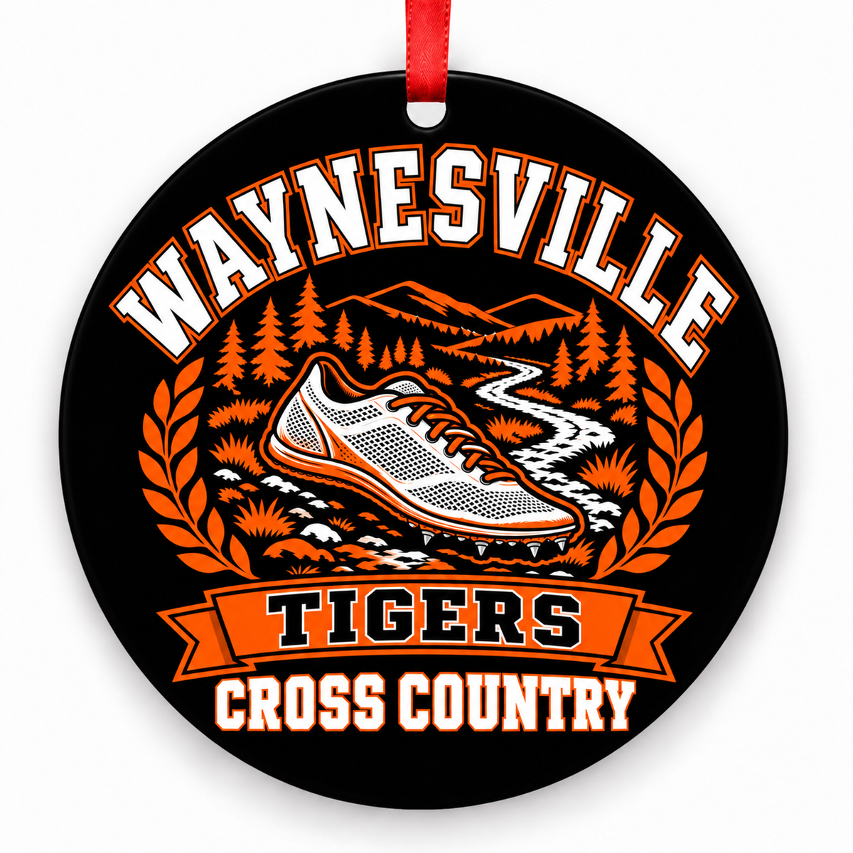 Waynesville High School Tigers Cross Country Christmas ornament — Design 1 — orange and black with red ribbon