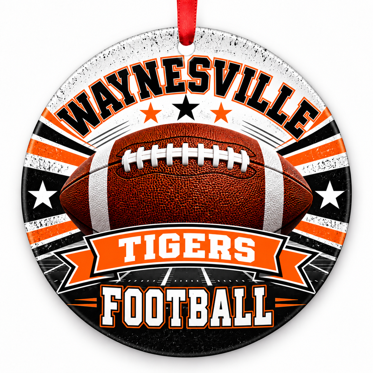 Waynesville High School Tigers Classic Football Christmas ornament in orange and black with red ribbon