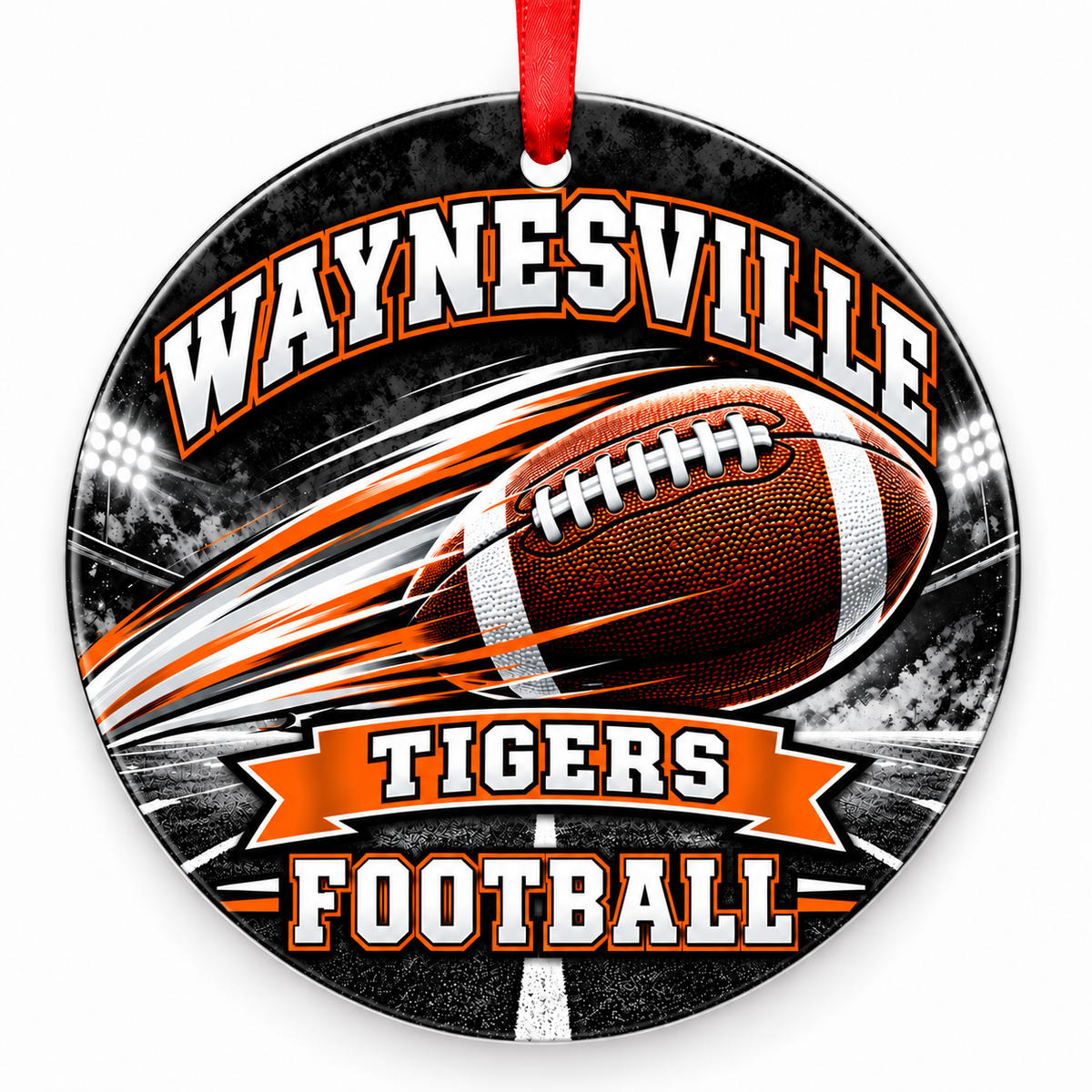 Waynesville High School Tigers Football Christmas ornament — Football in Motion — orange and black with red ribbon