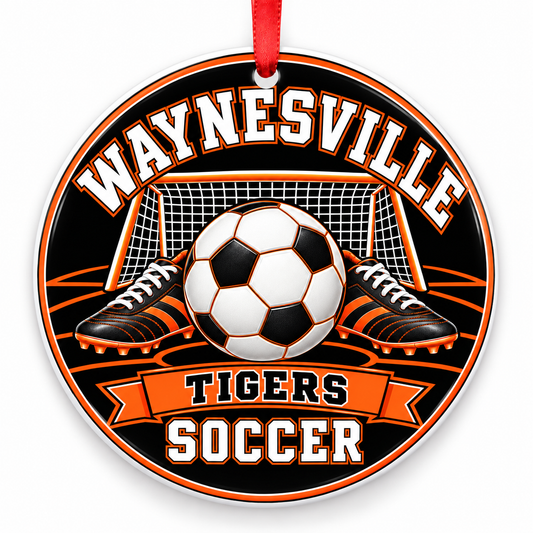 Waynesville High School Tigers Soccer Christmas ornament — Original Design — orange and black with red ribbon