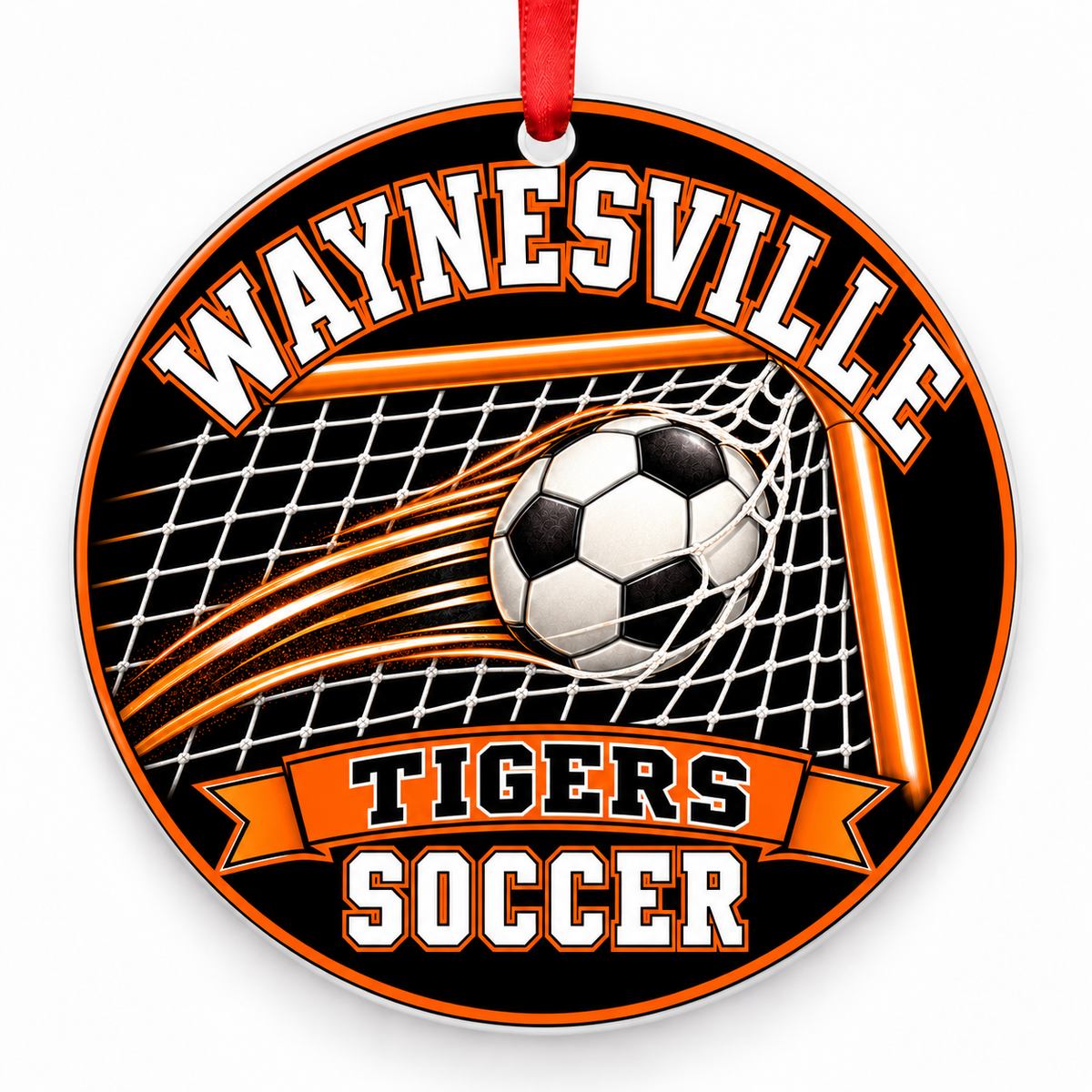 Waynesville High School Tigers Soccer Christmas ornament — Ball and Goal — orange and black with red ribbon