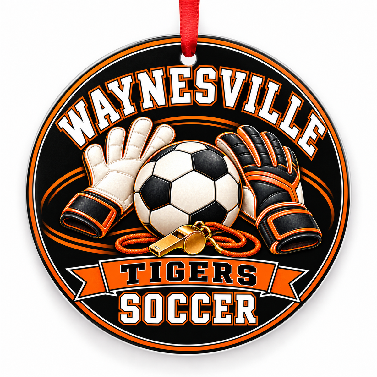 Waynesville High School Tigers Soccer Christmas ornament — Goalkeeper Gear — orange and black with red ribbon