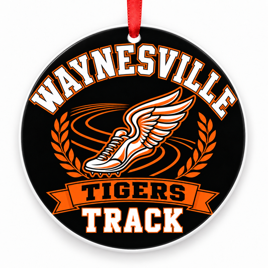 Waynesville High School Tigers Track Christmas ornament — Original Design — orange and black with red ribbon