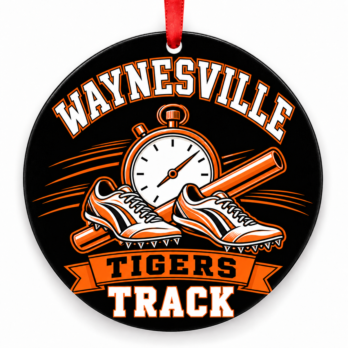 Waynesville High School Tigers Track Christmas ornament — Stopwatch and Spikes — orange and black with red ribbon