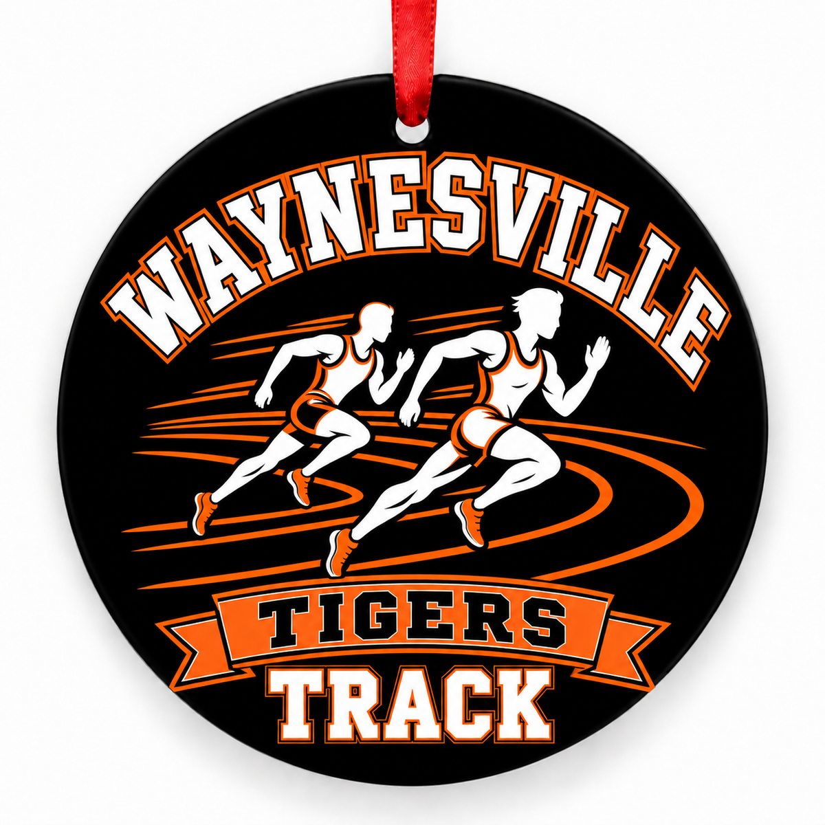 Waynesville High School Tigers Track Christmas ornament — Runners — orange and black with red ribbon