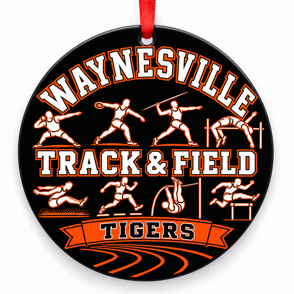 Waynesville High School Tigers Track Christmas ornament — Track and Field — orange and black with red ribbon