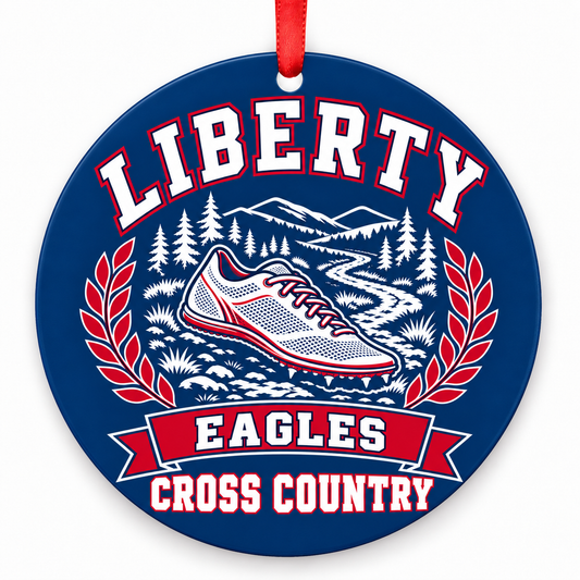 Liberty High School Eagles Cross Country Christmas ornament — Design 1 — navy and scarlet with red ribbon
