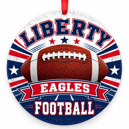 Liberty High School Eagles Classic Football Christmas ornament in navy and scarlet with red ribbon