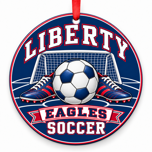 Liberty High School Eagles Soccer Christmas ornament — Original Design — navy and scarlet with red ribbon