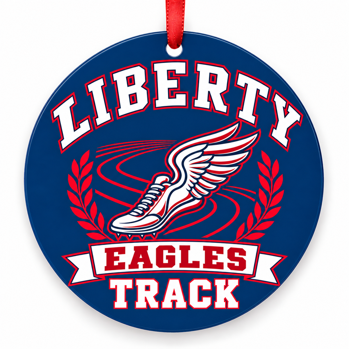 Liberty High School Eagles Track Christmas ornament — Original Design — navy and scarlet with red ribbon