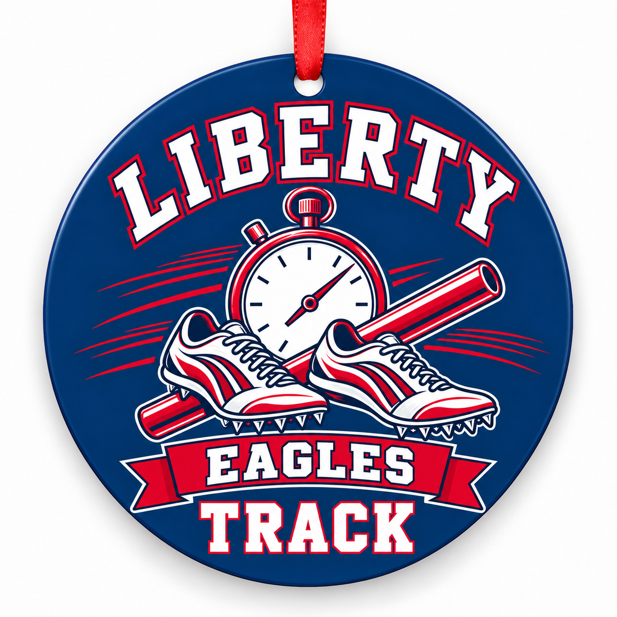 Liberty High School Eagles Track Christmas ornament — Stopwatch and Spikes — navy and scarlet with red ribbon