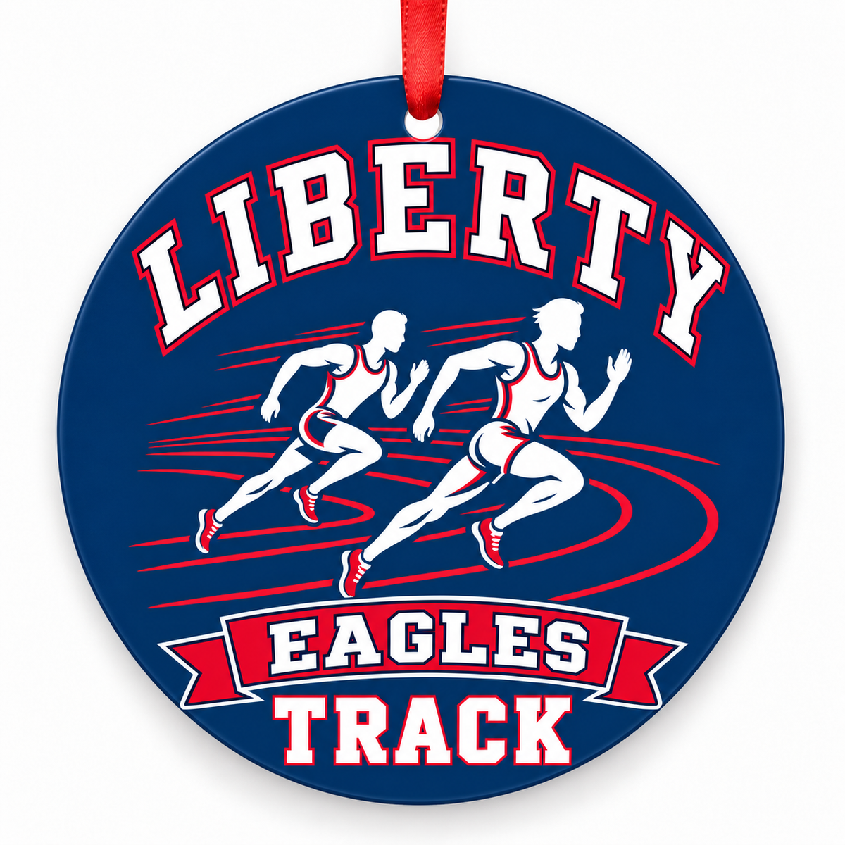 Liberty High School Eagles Track Christmas ornament — Runners — navy and scarlet with red ribbon