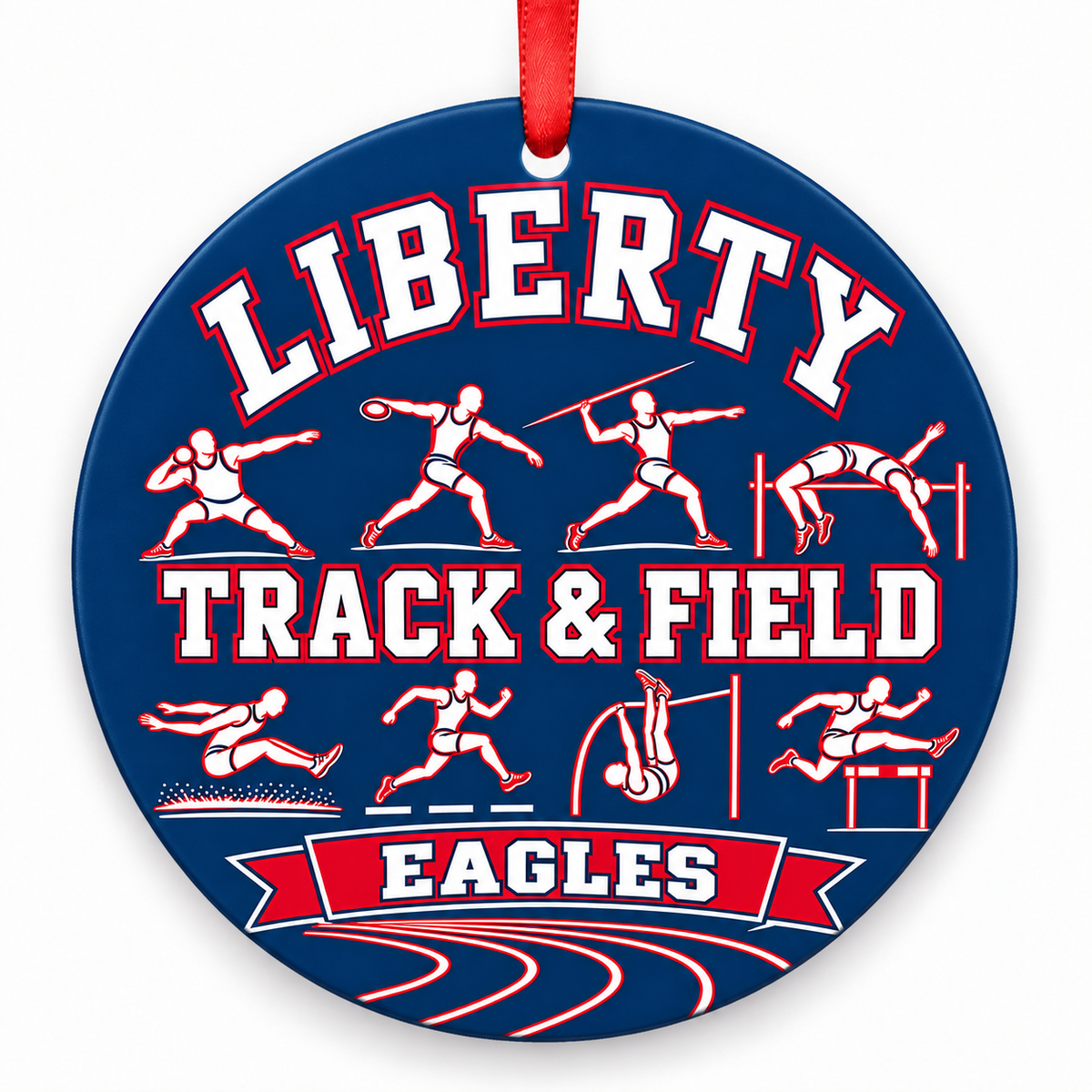 Liberty High School Eagles Track Christmas ornament — Track and Field — navy and scarlet with red ribbon