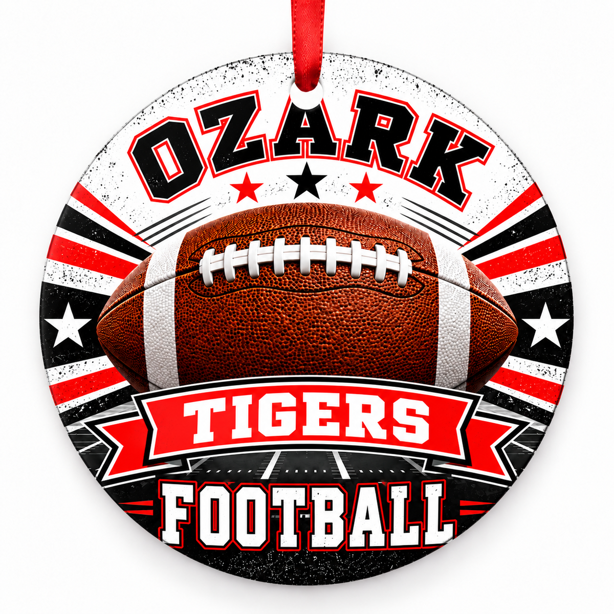 OZARK TIGERS football Christmas ornament in red and white, flat round design with red hanging ribbon