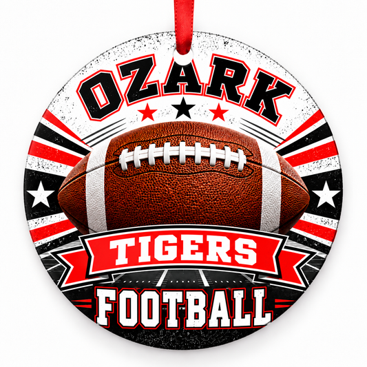 OZARK TIGERS football Christmas ornament in red and white, flat round design with red hanging ribbon