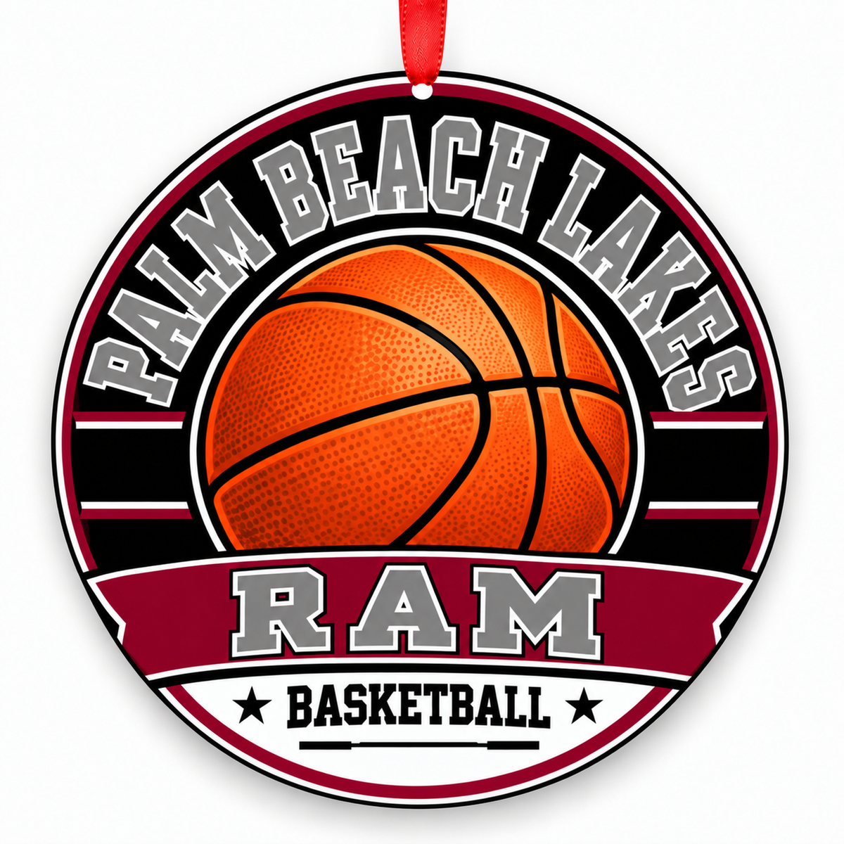 Palm Beach Lakes High School Ram basketball Christmas ornament in burgundy and gray with red ribbon, West Palm Beach, Florida