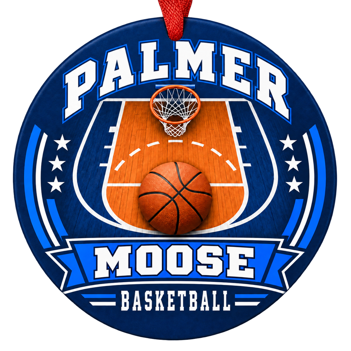 Palmer Moose basketball court design Christmas ornament in blue and white for Palmer High School, Palmer, Alaska