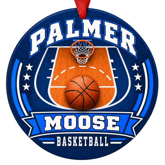 Palmer Moose basketball court design Christmas ornament in blue and white for Palmer High School, Palmer, Alaska
