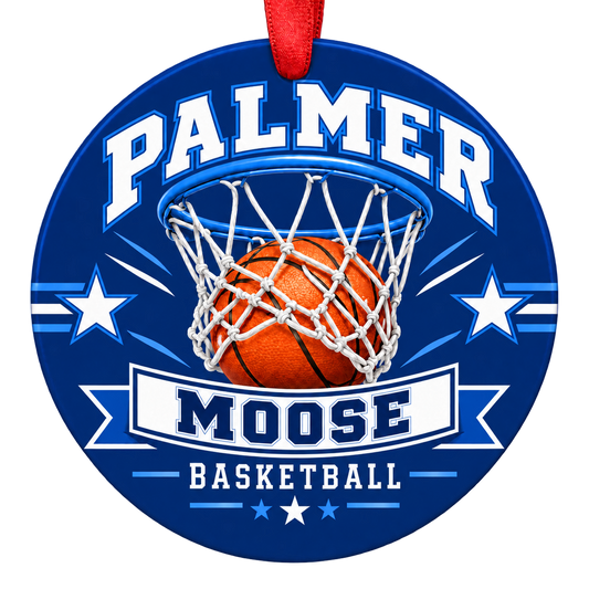 Palmer Moose basketball hoop design Christmas ornament in blue and white for Palmer High School, Palmer, Alaska