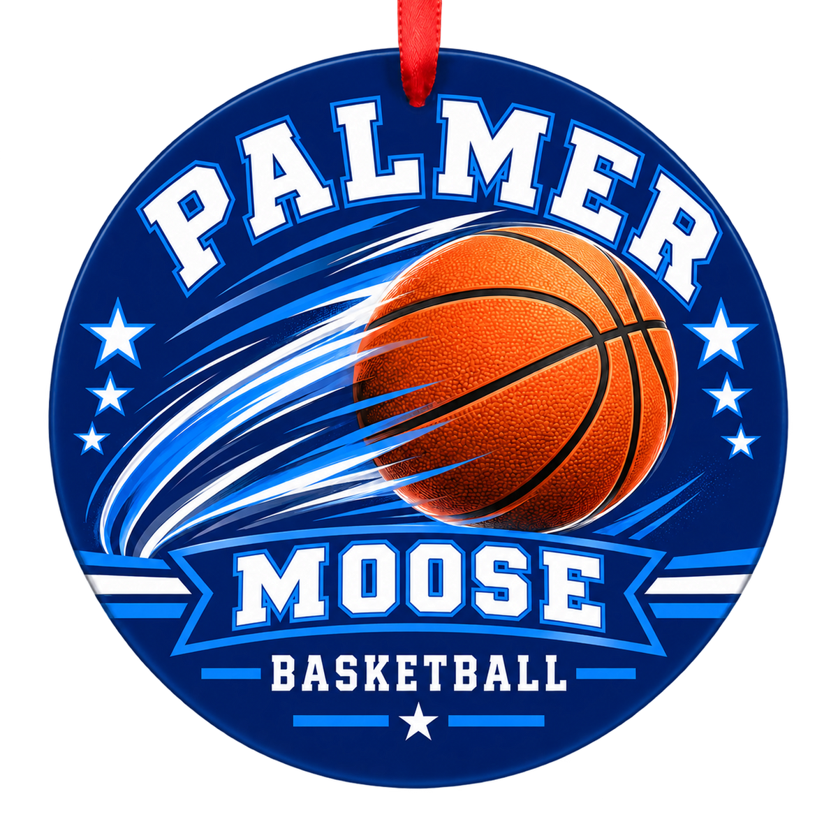 Palmer Moose basketball motion design Christmas ornament in blue and white for Palmer High School, Palmer, Alaska