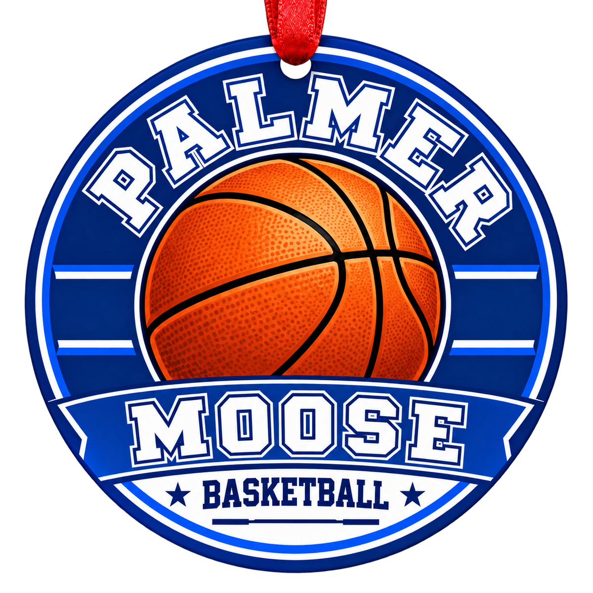 Palmer High School Moose basketball Christmas ornament in blue and white with red hanging ribbon