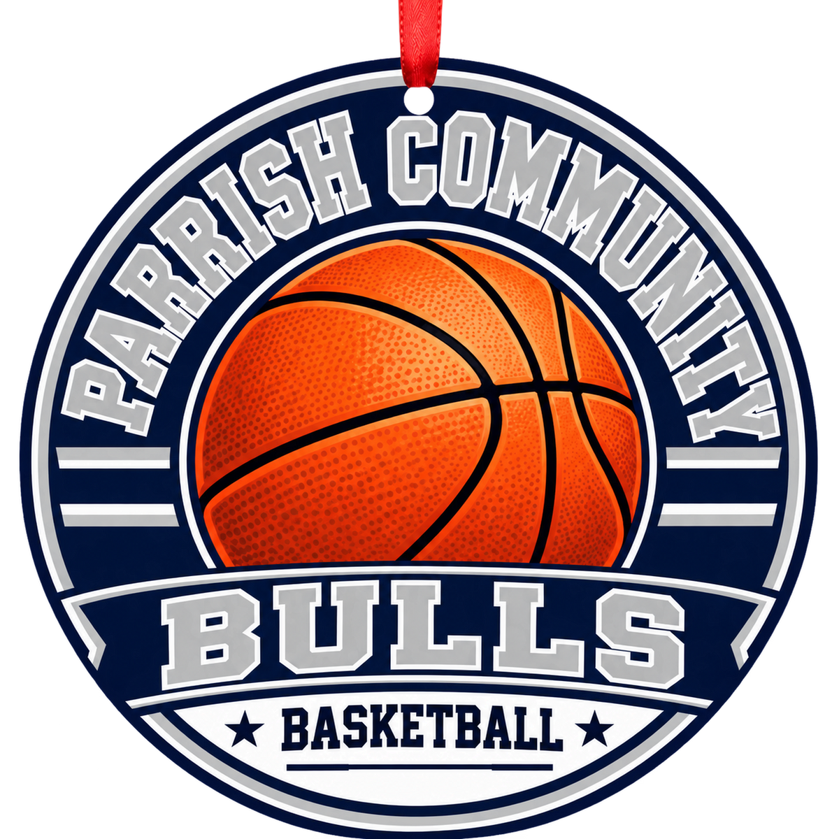 PARRISH COMMUNITY HIGH SCHOOL Bulls basketball ornament in verified official palette: navy blue, silver, white. official visual approximation; no numeric codes published with a red ribbon, PARRISH FL