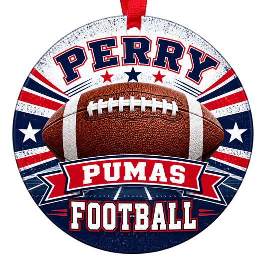 Perry High School Pumas football Christmas ornament in navy blue and cardinal red, Gilbert, Arizona