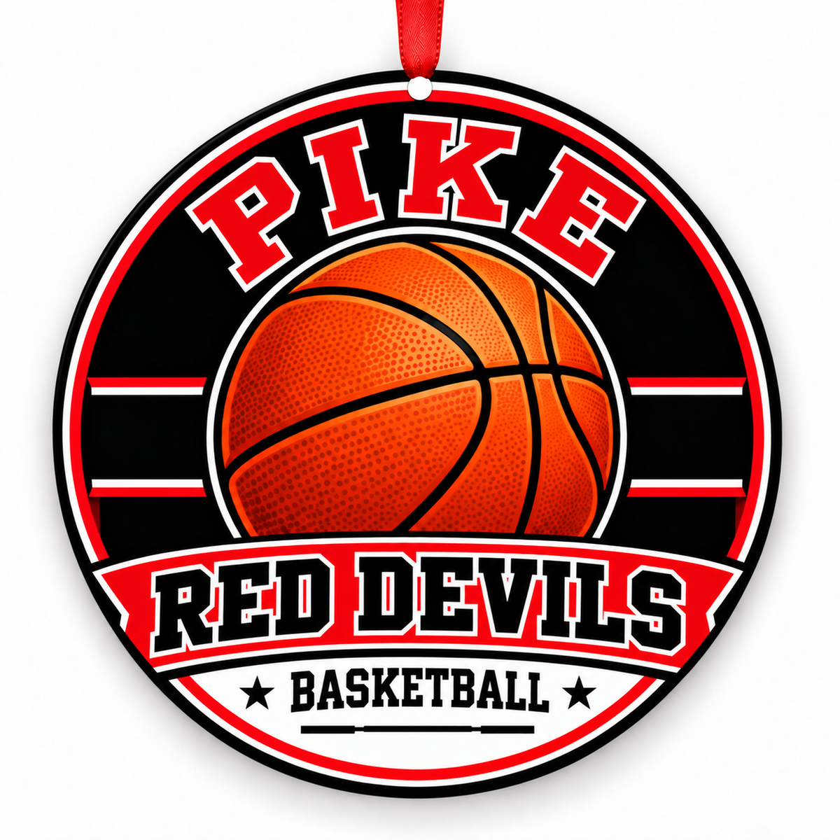 Pike High School Red Devils basketball Christmas ornament in red, white with red ribbon, Indianapolis, Indiana