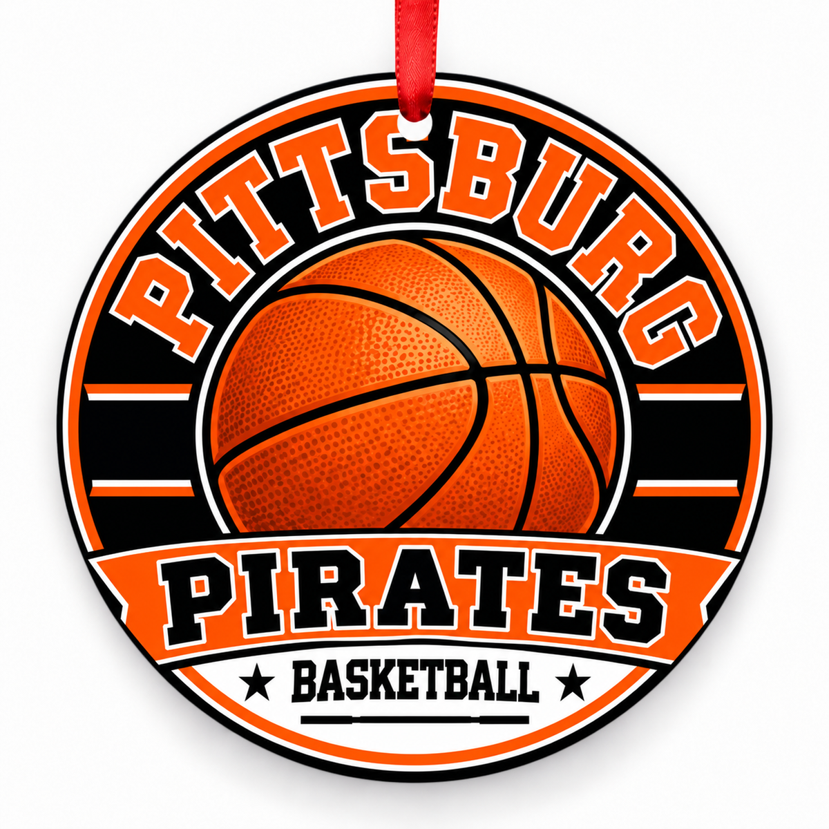 Pittsburg High School Pirates basketball Christmas ornament in black and orange with red ribbon, Pittsburg, CA